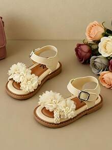 2026 New Arrival: Girls' Beige Floral Pearl Decor Soft Bottom Non-Slip Open Toe Sandals, Nature Style Sandals, Cute Children's Shoes For Daily Outings, High-Rated Multi-Functional Kids Sandals, Fashionable And Gentle Style Sandals, Comfortable And Non-Abrasive Ideal Holiday Gift Flat Sandals - Beige - View 3