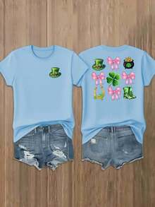 Unisex's Y2K Lucky St. Patrick's Day T-Shirt - Double-Sided Lucky & Horseshoe Print, High-Elastic Short Sleeve Round Neck Casual Blouse For Summer, Irish Party Outfit (Machine Washable) - Black - View 3