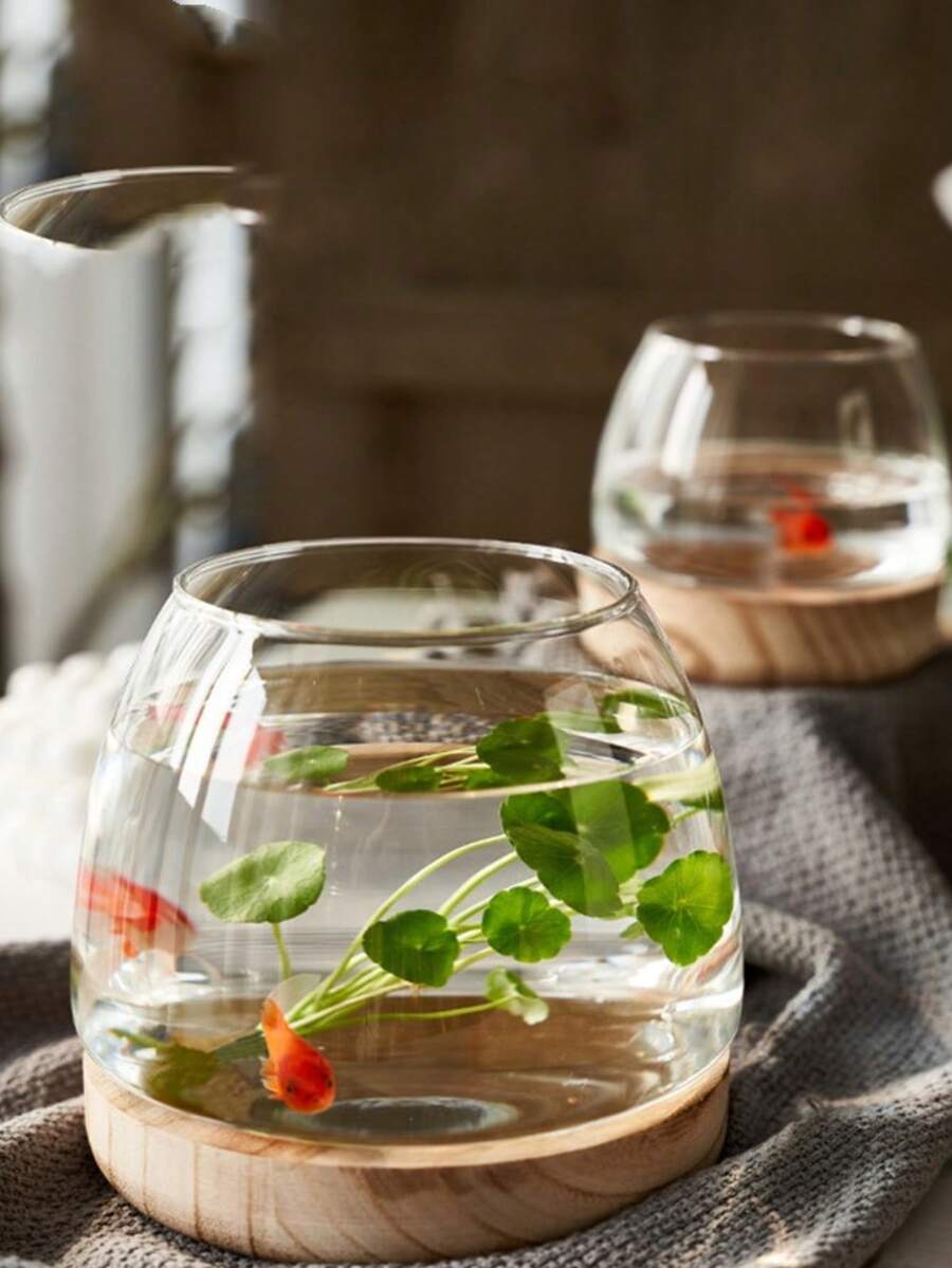Transparent Glass Fish Tank Creative Round Office Wooden Stand Small Fish Tank Small Living Room Home Goldfish Tank Home Decor Mediterranean Style Window Decoration Aquarium Landscape - Multicolor - View 1