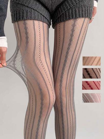 1双女士复古浪漫竖条纹扭结透明性感显瘦红色连裤袜，高档法式复古蕾丝紧身裤，高弹力紧身裤，镂空提花显瘦打底袜，渔网袜，复古法式花卉图案透明紧身裤，黑色