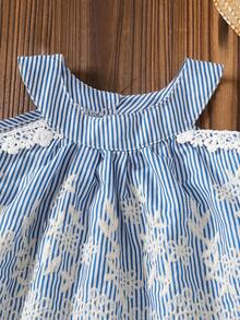 Baby Girls' Fashion Casual Cute Set, Stylish Off-Shoulder Ruffle Trim Sleeveless Top + Loose Striped Pants - Blue - View 3