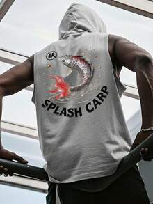 1pc Printed Sleeveless Men's Casual Sporty Hooded Tank Top, Summer - Grey - View 1