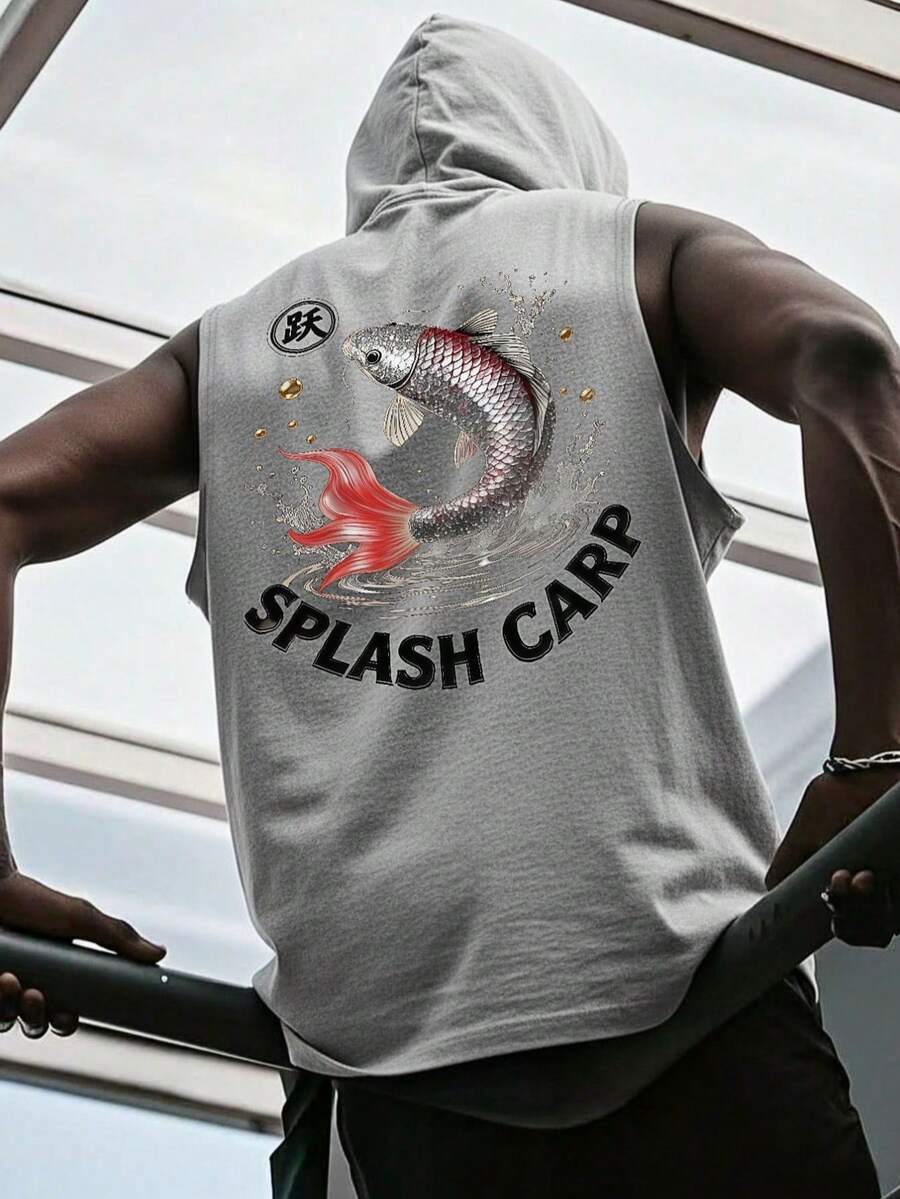 1pc Printed Sleeveless Men's Casual Sporty Hooded Tank Top, Summer - Grey - View 1