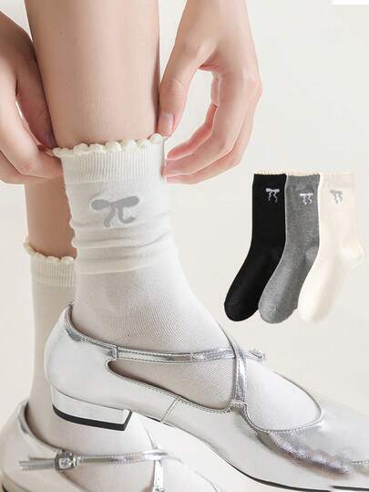 3 Pairs Women's Bow Decor Cute Socks, Casual School Style Lace Mid-Calf Socks
