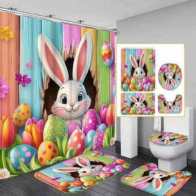 [Easter Shower Curtain Set] 1/4 Pcs Easter Shower Curtain Set, Washable Polyester Fabric, Waterproof Shower Curtain Set With 12 Hooks, Non-Slip Bathroom Rug, U-Shaped Toilet Seat, Toilet Lid, Rabbit Peeking Out From Colorful Wooden Boards Shower Curtain