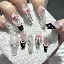 10片甜美酷炫Y2K手工按压式美甲蕾丝缎带波点蝴蝶结法式美甲黑色粉色闪粉可爱长款假指甲美甲用品（1张果冻贴纸+1个指甲锉） - 無色 - 查看 3