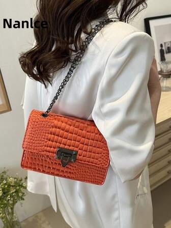 Mini Retro Women's Shoulder Bag, Metal Chain Lightweight Cross-Body Bag, PU Material, Casual Petal Lock Square Bag, Crocodile Leather Bag, Girls Shopping Tote, Suitable For Women's Daily Commute