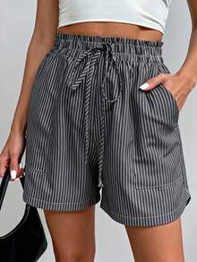 女士条纹口袋松紧腰经典休闲短裤，春夏款 - 黑與白 - 查看 5