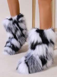 New Rainbow Fur Ankle Boots For Women 2025 Autumn/Winter New Sweet Cool Style Colorful Tie-Dye Faux Fur Warm Fashion Boots Women's Ankle Boots. Furry Boots. Winter BootsSuitable For Extremely Cold Weather. The First Choice For Skiing, Traveling, And Gatherings. - Đen và trắng - Xem 3