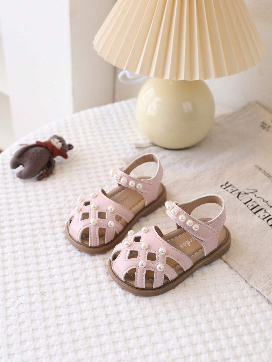 2026新款珍珠防滑软底露趾女童平底公主鞋，带魔术贴，米色 - 粉色 - 查看 1