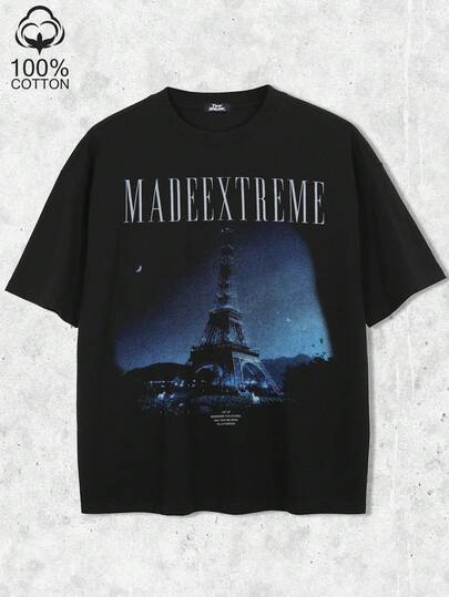 Tiny Spark 复古美学黑色巴黎埃菲尔铁塔图案T恤