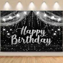 1pc Black & Silver Birthday Backdrop, Happy Birthday Photography Background, Silver Glitter Birthday Party Decorative Banner, Photo Studio Props, Photography Background Foot Decor, Party Photo Backdrop - Multicolor - View 2