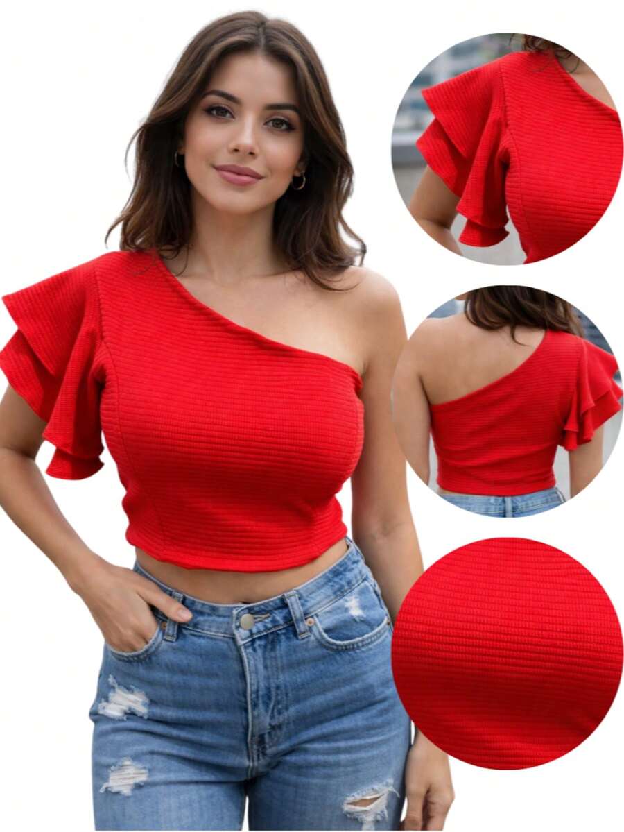 Cropped One Shoulder Mula Manca Women's Top With Ruffle, Single Sleeve Blouse, Asymmetrical, Carnival Luxury Basic Summer - 紅色 - 查看 1