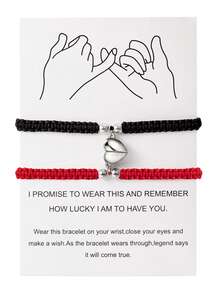 2 piezas Pulsera de cuerda trenzada roja con corazón magnético a juego para mujeres y hombres, joyería romántica para el Día de San Valentín - pareja - Ver 4