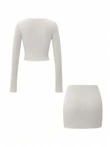Unadoll Women's Spring Summer Y2K Sparkly Rhinestone Grid Print Long Sleeve Crop Top & Bodycon Mini Skirt Two Pieces Set Off White Wedding Guest Party Outfit - Apricot - View 4