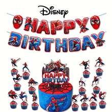 31件套卡通蜘蛛主题蛋糕装饰套装，包括蛋糕装饰牌和横幅，采用酷炫的红色和蓝色动态蜘蛛设计，适合生日派对和其他庆祝活动，可为蛋糕和派对场所增添超级英雄氛围，营造生动的庆祝场景。 - 彩色 - 查看 2