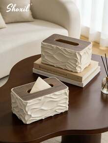 shoxil 1pc Cream-Colored Tissue Box, Wavy Surface Design And Wooden Box LidCan, Be Used As A Desktop Tissue Holder Or A Bathroom Tissue Box. Making It Suitable As Both A Bathroom Decor Item And An Ideal Gift For Holidays And Housewarming. Suitable For Home Decor, It Can Be Used In The Bathroom, Living Room, And Office - Tissue Box - View 5