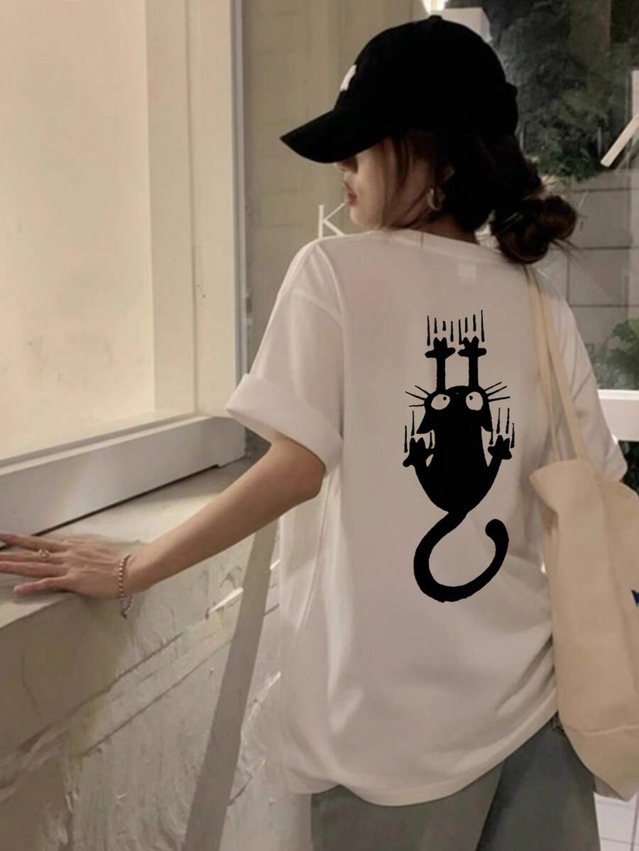 日系女式宽松圆领简约百搭手绘涂鸦卡通黑猫印花短袖T恤，春夏款 - 白色 - 查看 1