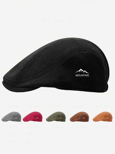 1pc Solid Color Mountain & Letter Print Beret Hat, Polyester Casual Newsboy Cap, Suitable For Daily Wear, Great Gift For Family, Friends, Boyfriend/Girlfriend, Suitable For Christmas, Mother's Day, Father's Day, Teacher's Day, Birthday
