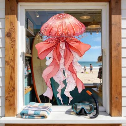 1/5 张海洋主题四季通用彩色窗膜，饰有水母和海龟图案。静电贴膜，适用于卧室和客厅装饰。可移除PVC窗膜。