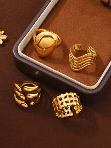 4件套时尚夸张不锈钢不规则网格椭圆戒指套装，适合女性日常、节日、约会、订婚、婚礼、外出、派对等场合搭配佩戴 - 金色 - 查看 3