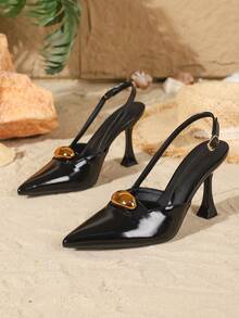 9厘米尖头优雅细高跟鞋，后系带哑光PU皮革镂空金属圆扣黑色高跟鞋，性感百搭，适合日常、派对、婚礼、情人节、约会、舞会等场合穿着。 - 黑色 - 查看 5