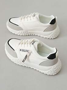 1 Pair Women's Casual Chunky Sneakers, Round Toe Lace-Up Outdoor Leather Shoes, Spring/Summer - White - View 9