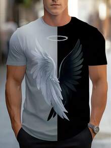 Men's Color-Block Angel Wings Pattern T-Shirt - Half Black Half White Contrast Design, Casual Regular Fit Crew Neck Top, Machine Washable Bold Fashion Statement Shirt, Digital Print Street Style, Soft Material, Exclusive For Streetwear Enthusiasts - 混合色 - 查看 1