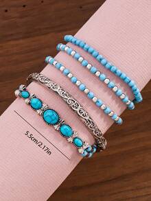 1 Set de pulseras estilo bohemio vintage elegante con cuentas de turquesa para mujeres - Multicolor - Ver 5