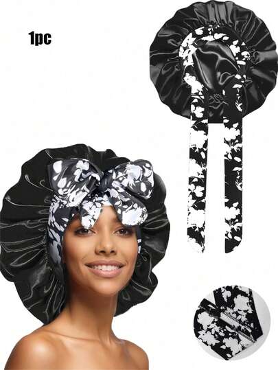 Gorro de mujer de unicolor con correa, estampado de seda suave y satinado para uso casual y cómodo diario y para dormir (estampados de patrones aleatorios)