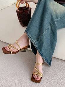 Dép xăng đan kiểu Pháp cổ điển mũi vuông, màu vàng kim, kiểu dáng đa năng dành cho nữ. - Vàng - Xem 3