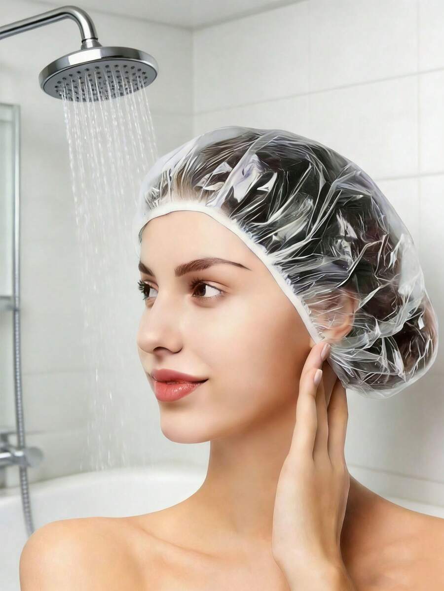 100pcsTransparent Disposable Non Wash Shower Cap, Waterproof Elastic Shower Cap, Thick, Large, High Elastic Shower Cap, Used For Bathing And Hair Care, Easy To Carry During Travel - Clear - View 1