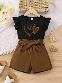 Young Girl Heart Print Ruffle Sleeve T-Shirt And Shorts Casual Daily Outfit - Yellow - View 1
