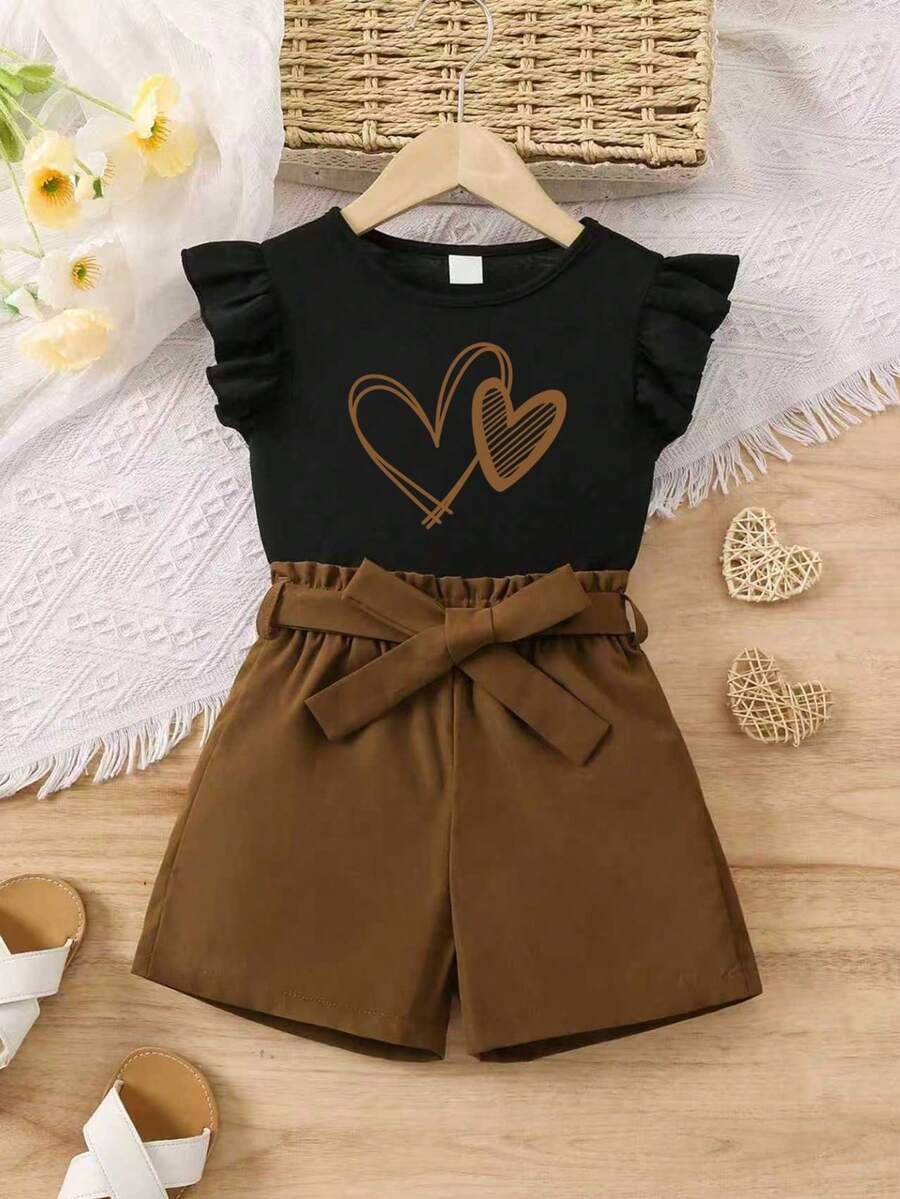 Young Girl Heart Print Ruffle Sleeve T-Shirt And Shorts Casual Daily Outfit - Yellow - View 1
