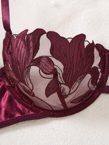 Bộ 3 món/6 món đồ lót nữ thoải mái, mềm mại, thêu họa tiết hoa ly và trái tim, áo ngực và quần lót không đường may, nhiều màu sắc, nâng đỡ tốt, kiểu dáng mặc nhà. - Màu đỏ tím - Xem 6