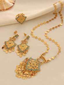 1 Set Boho Style Copper Alloy Gold Plated Small Disc Tassel Turquoise Bead Inlaid Pendant Necklace, Earrings, Ring Jewelry Set, Suitable For Women's Daily Wear And Holiday Gifts - Yellow Gold - View 5