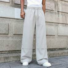 Wiosenno-letnie nowe spodnie casualowe z elastyczną talią i sznurkiem, luźne, proste nogawki z nitami i patchworkiem, idealne do noszenia na co dzień, na co dzień, na imprezę, na prezent dla przyjaciół i męża - Jasnoszary - Zobacz 3