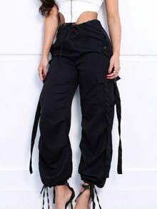 Women's Cargo Pants, Parachute Style, Foreign Fashion, Simple Fabric, Pocket, Knot, Drawstring, Daily, Night, Holiday, Birthday Party, Airport Wear - 黑色 - 查看 9
