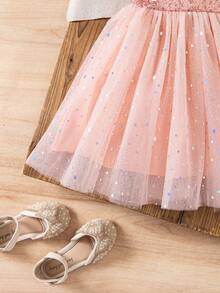 Girls Summer Fashion Glamorous Sequin Patchwork Sequins Tulle Tutu Dress Cute Bow Sweet Round Neck Sleeveless Party Dress - Coral Pink - View 7