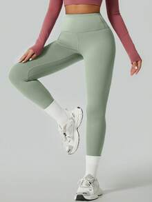 1件装女士柔软贴身瑜伽紧身裤，弹力时尚舒适简约瑜伽健身裤，收腰提臀七分裤，春季款 - 綠色 - 查看 4