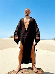 Men's Solid Black Open Front Robe - Minimalist Style, Loose Fit Long Robe, Lightweight Suitable For Desert Vacation, Bohemian Adventure And Outdoor Leisure, Gift For Men - Black - View 5