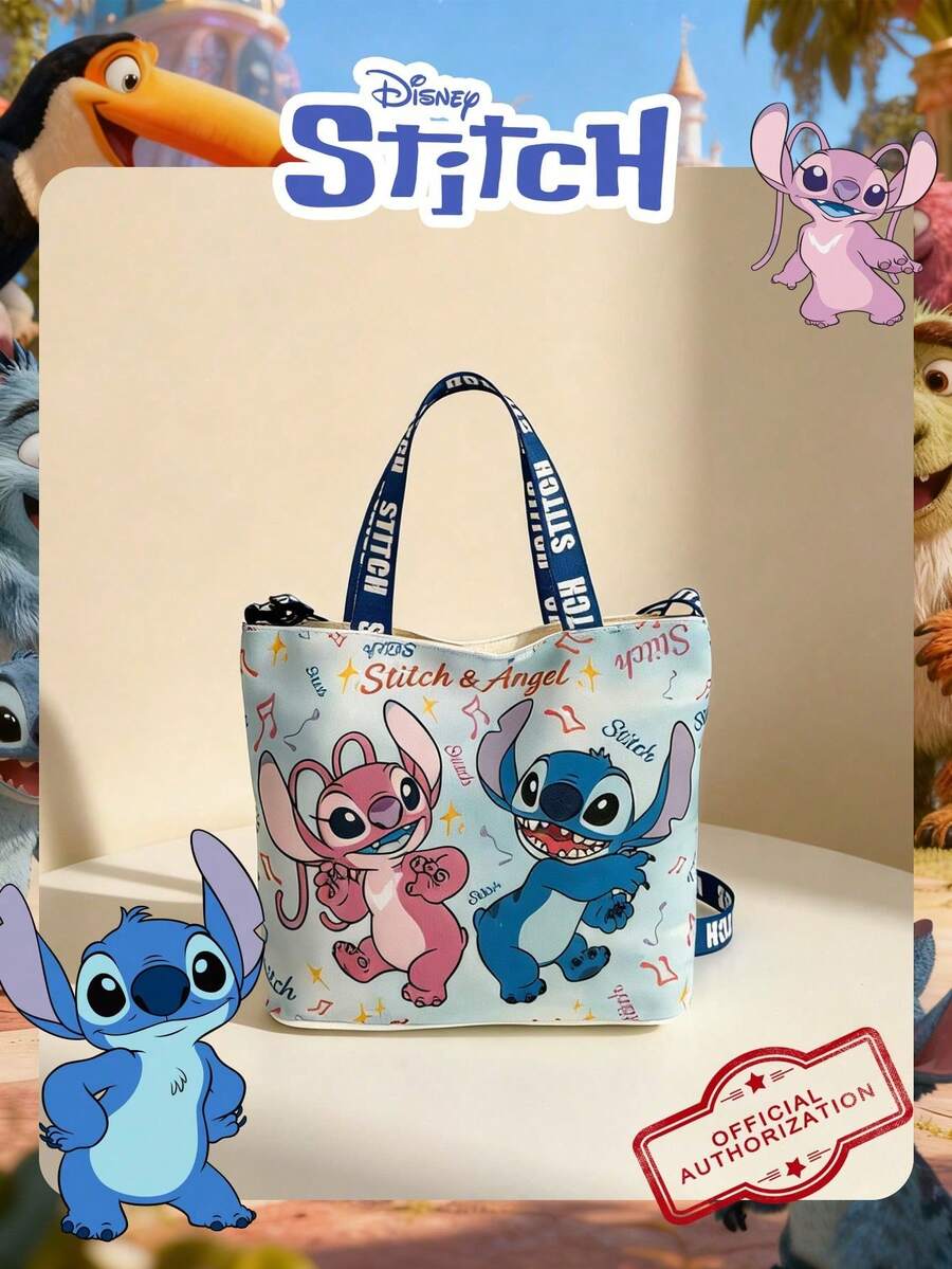 Disney Official Licensed 1 Pc Cartoon Stitch Printed Lunch Bag, Mischievous Stitch Lunch Bag & Fun Bucket Bag Cute Cartoon Hand Bag Candy Bag For Daily Use, Casual Canvas Shoulder Bag For Easy Carry – For StudentsTeenagers/Teens/Young Adults/Zoomers Perfect For Daily/Shopping/Going Out - Multicolor - View 1
