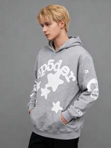 Men's Y2K Hoodie Hip Hop Spider Web Lettering Printed Sweatshirt - Star Gray - View 1