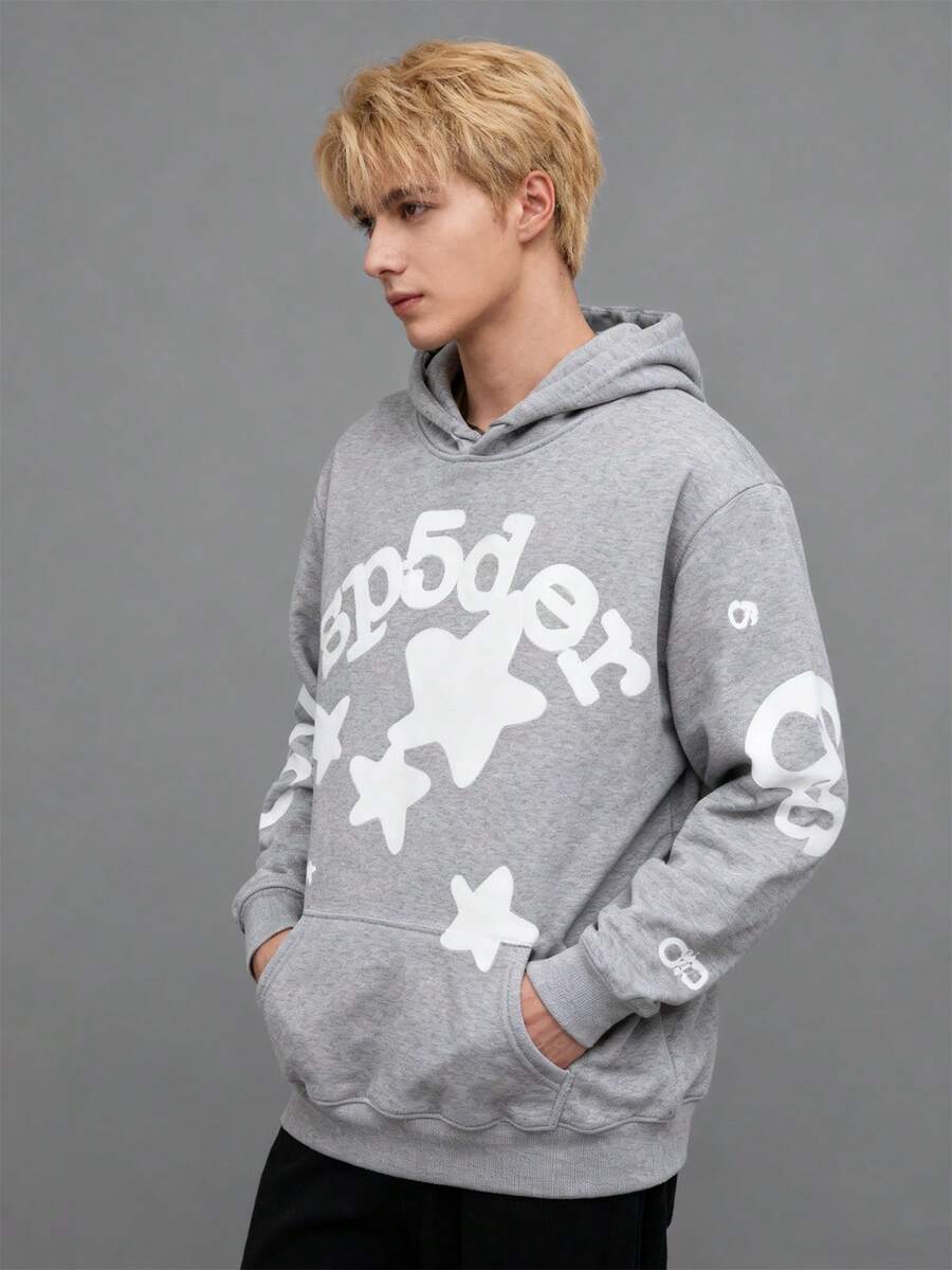 Men's Y2K Hoodie Hip Hop Spider Web Lettering Printed Sweatshirt - Star Gray - View 1