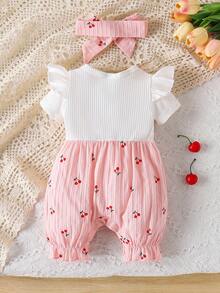 1 pieza Mono de manga corta con estampado de cerezas lindo para bebé niña, estilo Mori ligero para primavera/otoño - Rosa - Ver 2