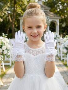 1 Paio di guanti elastici in raso liscio con fiocco per bambini da 3 a 10 anni - Guanti da damigella in raso adatti per bambine che partecipano a celebrazioni, spettacoli di balletto, feste di compleanno da principessa e matrimoni, super morbidi - 1Pair - Visualizzare 7