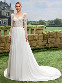 Round Neck Long Sleeve Premium Faux Pearl Embroidered Lace A-Line Chiffon Train Bridal Wedding Gown, Ethereal Romantic Luxury, For Castle, Hotel Events, Wedding Ceremonies - White - View 9