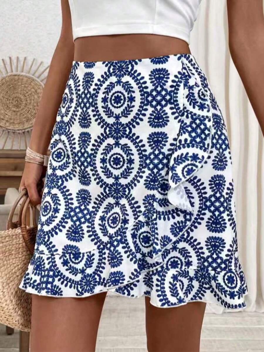 Women's Boho A-Line Skirt With Blue And White Pattern, Polyester Fabric With Ruffle Hem Detail Vacation Summer - Blue and White - View 1