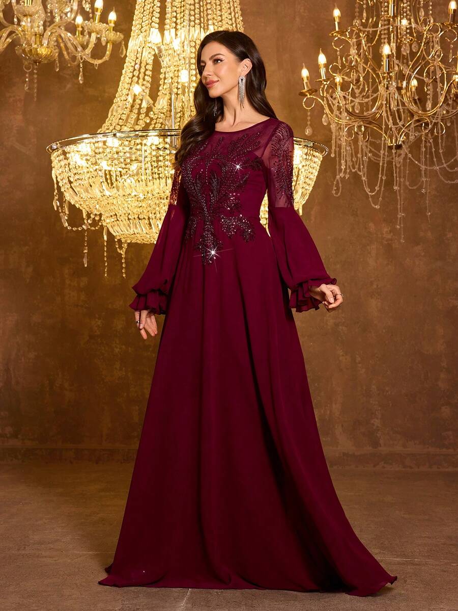 SUPGIR 女士圆领灯笼袖奢华珍珠亮片拼接雪纺派对礼服,适合春季婚礼穿着 - 酒紅色 - 查看 1
