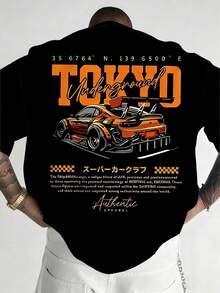 男士大码休闲圆领T恤，涤纶针织面料，舒适透气，时尚赛车系列“TOKYO Racing”图案，休闲街头风清新设计，新颖个性上衣 - 黑色 - 查看 1